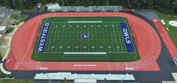 An aerial view of Alumni Field and the Jerry Gravel Track at Westfield State University after renovations were completed in August of 2018.