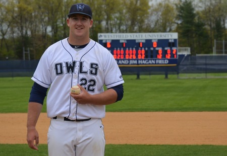 Westfield State's John Gegetskas poses on the mound after throwing a no-hitter in the Owls 12-0 MASCAC tournament game win over Framingham State on May 9, 2019. (Dave Caspole photo)