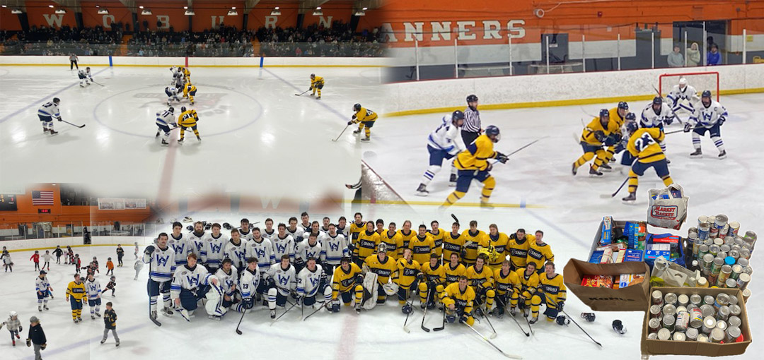 Composite image from hockey fights hunger in Woburn; from top left, face off, game action, donated food, the Owls and SNHU teams, and youngsters skate with the teams.