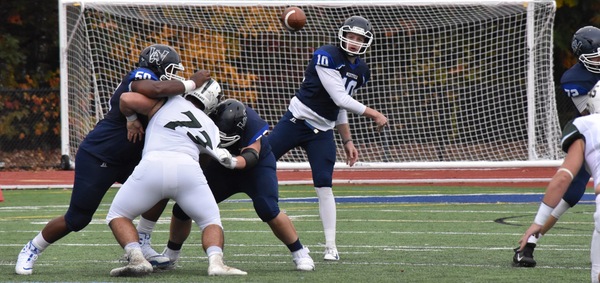 Andrew Peltier fires a pass against Plymouth State. (Nate Barnes photo)