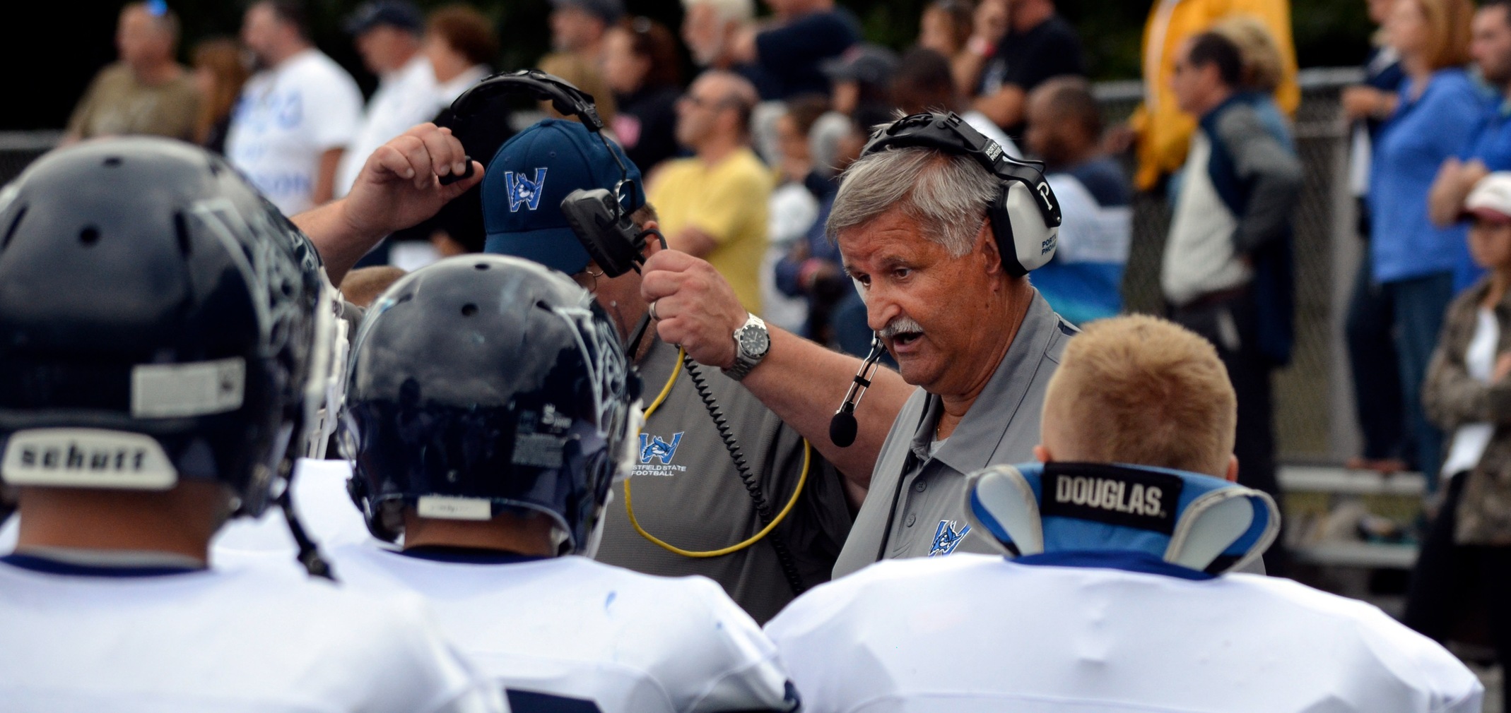 Pete Kowalski coaches Westfield State football during a game at Western New England in 2014.