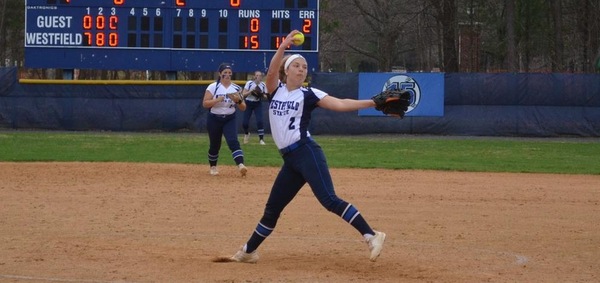 Emily Arredondo delivers a pitch in her perfect game win over Mass Maritime.