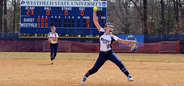 Brenna Welch delivers a pitch against Worcester State. (Mia Olsen photo)